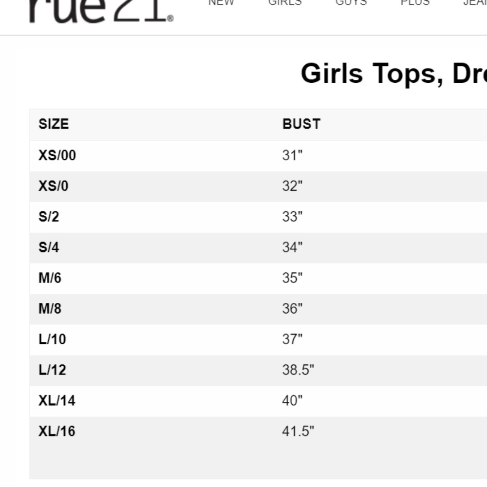 Rue21 size chart